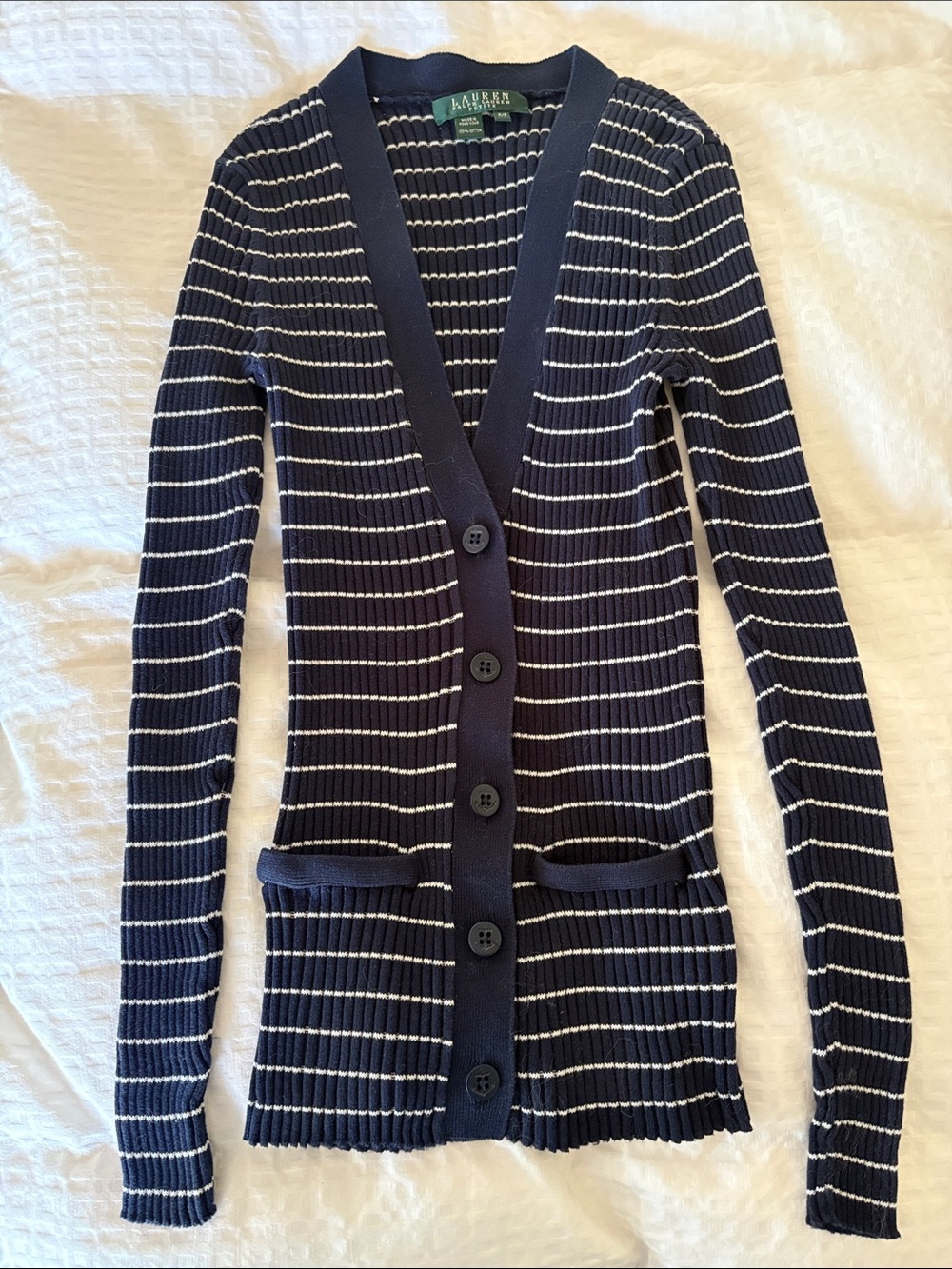Lauren Ralph Lauren Navy and White Ribbed Stripe Button-Front Cardigan